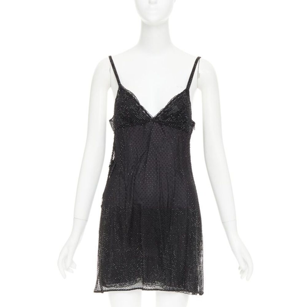 Prada black rhinestone crystal degrade mesh mini slip dress